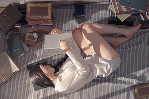 穿白色衬衫的可爱女孩 床上看书 美腿 二次元4K动漫壁纸
