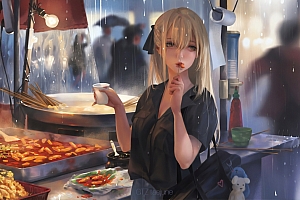 动漫女孩街头吃美食4K壁纸
